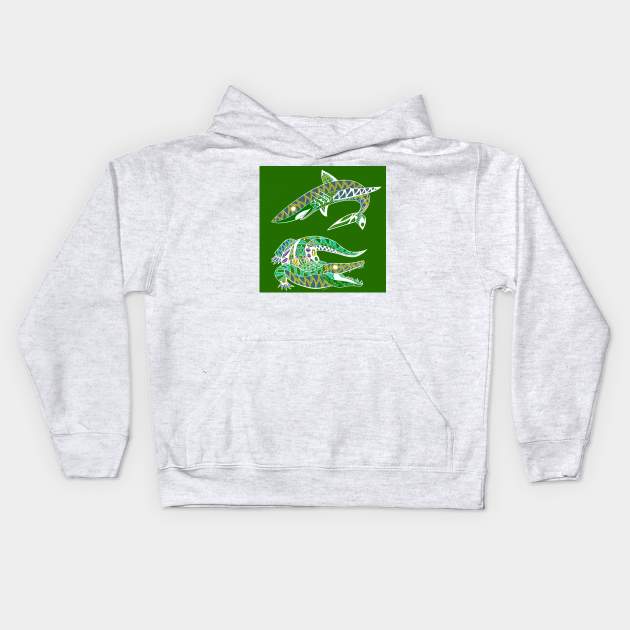 shark and the crocodile wild animals in swamp and shore pattern art Kids Hoodie by jorge_lebeau